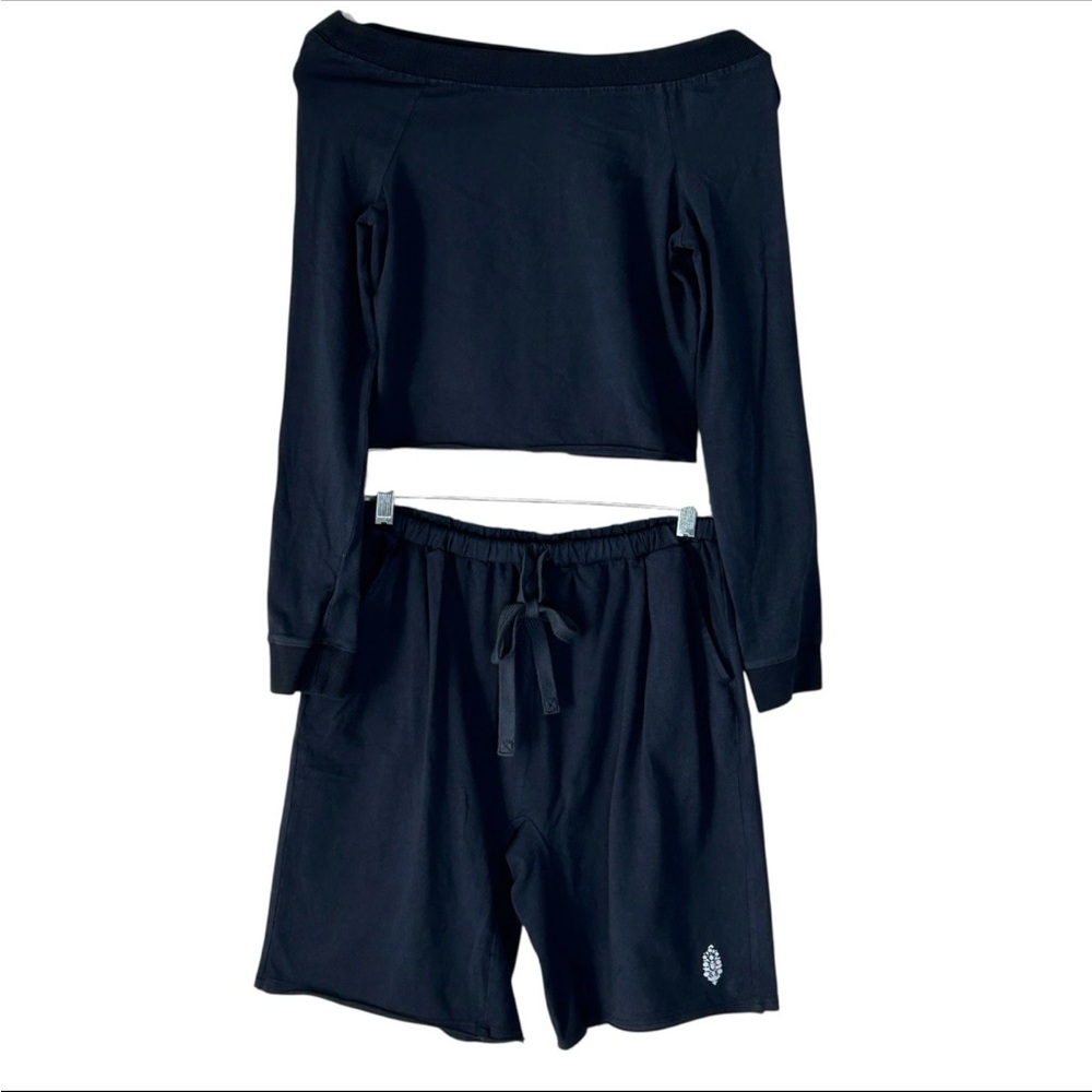 Free People Navy Blue Crop Off-Shoulder Top & Drawstring Shorts Set